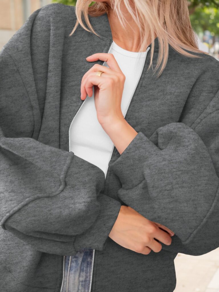 Fisoew Womens Zip Up Sweatshirt Casual Bomber Jacket Lantern Sleeve Oversized Jacket Fall Outfits 2025