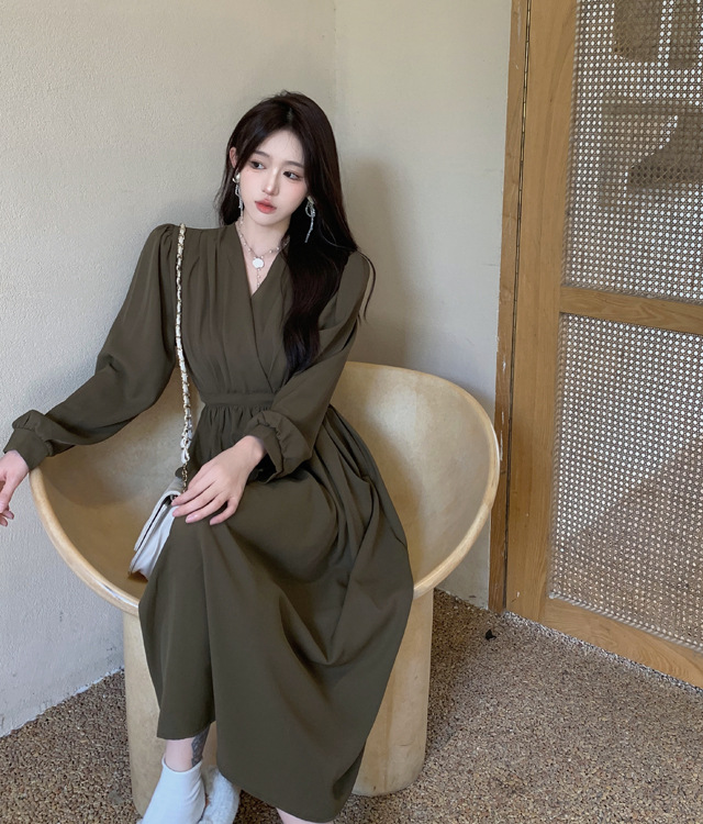 Elegant Long Sleeve V Neck Solid Color Dress - Image 12