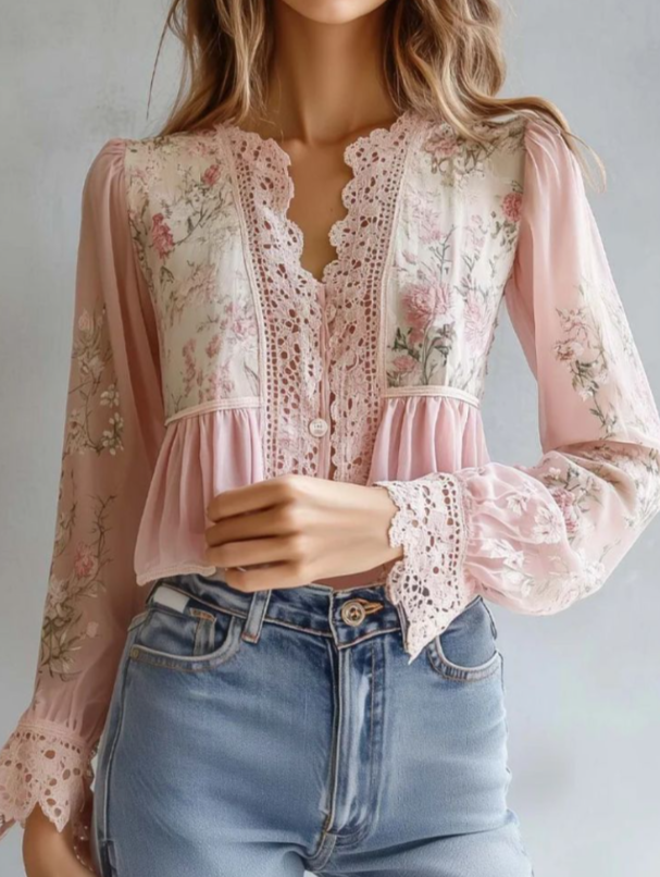 French-style Soft Floral Lace Long-sleeved Top - Image 2