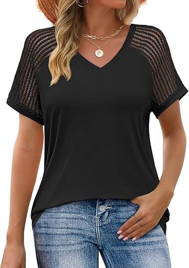 Loose-fitting Hollow-out Mesh Panel V-neck Short-sleeve Top - Image 13