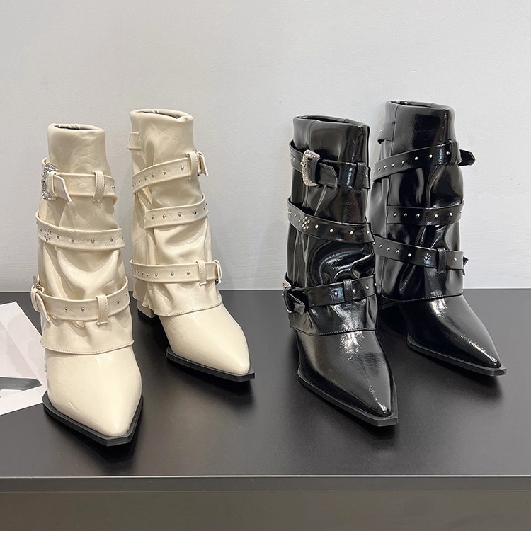 High-heeled Elegant Shaft-style Studded Belt-buckle Fashion Ankle Boots