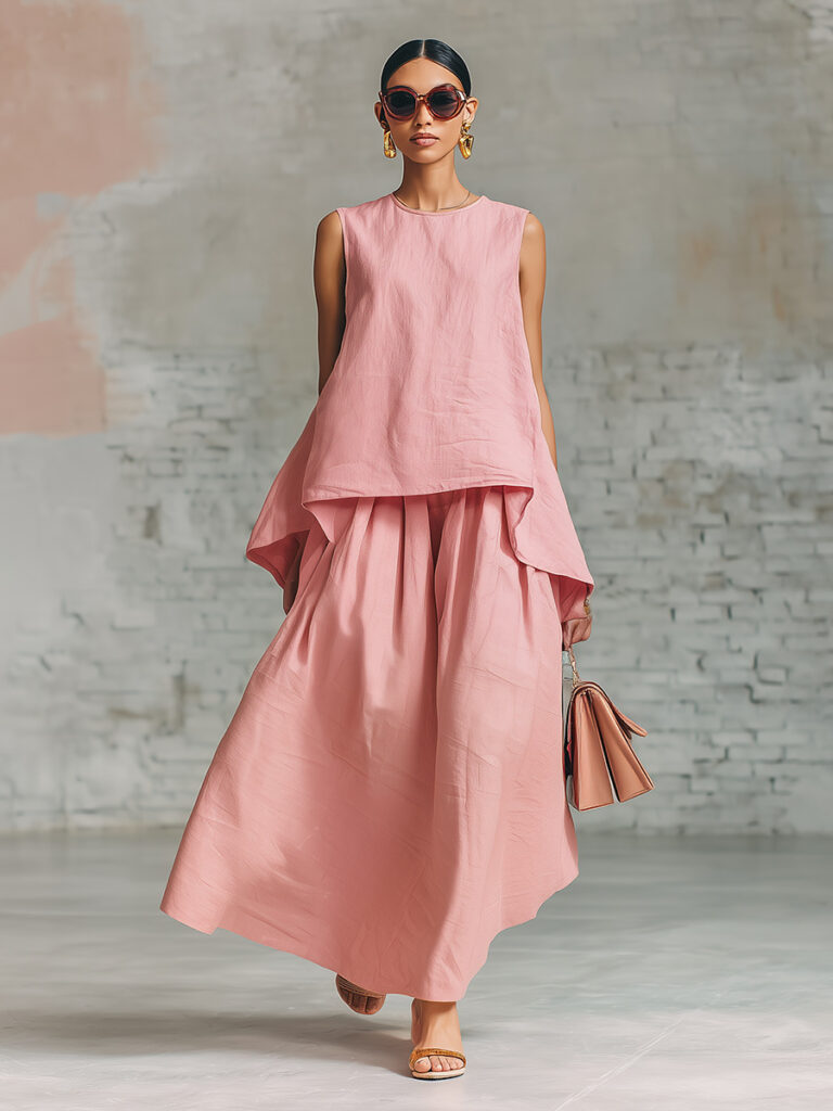 Elastic-waist Sleeveless Top With An Asymmetrical Hem And A Pleated Maxi Skirt