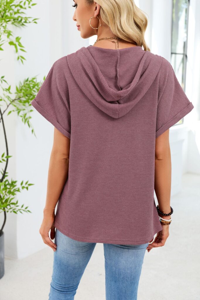 Womens Waffle-Weave Hooded Drawstring Short-Sleeve Top With Buttons