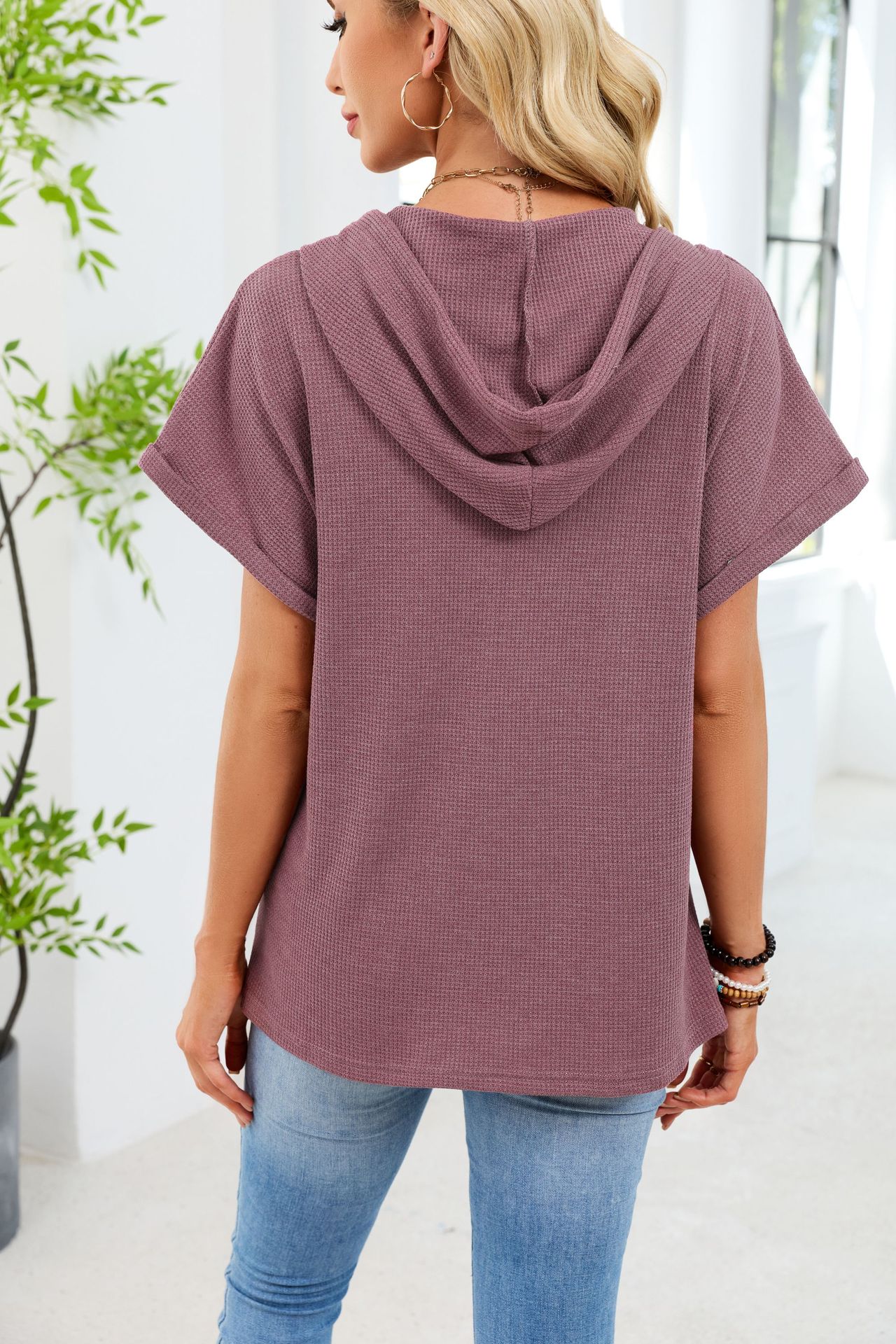Womens Waffle-Weave Hooded Drawstring Short-Sleeve Top With Buttons - Image 16