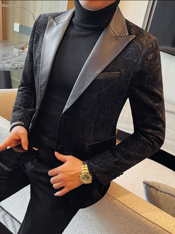 Jacquard Velvet Leather Lapel Men's Blazer - Image 8