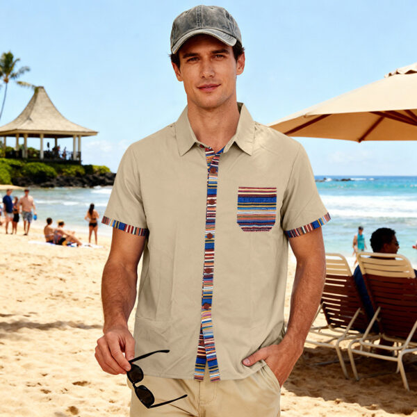Men's Contrasting-Color Beach Short-Sleeve Casual Shirt - Image 7