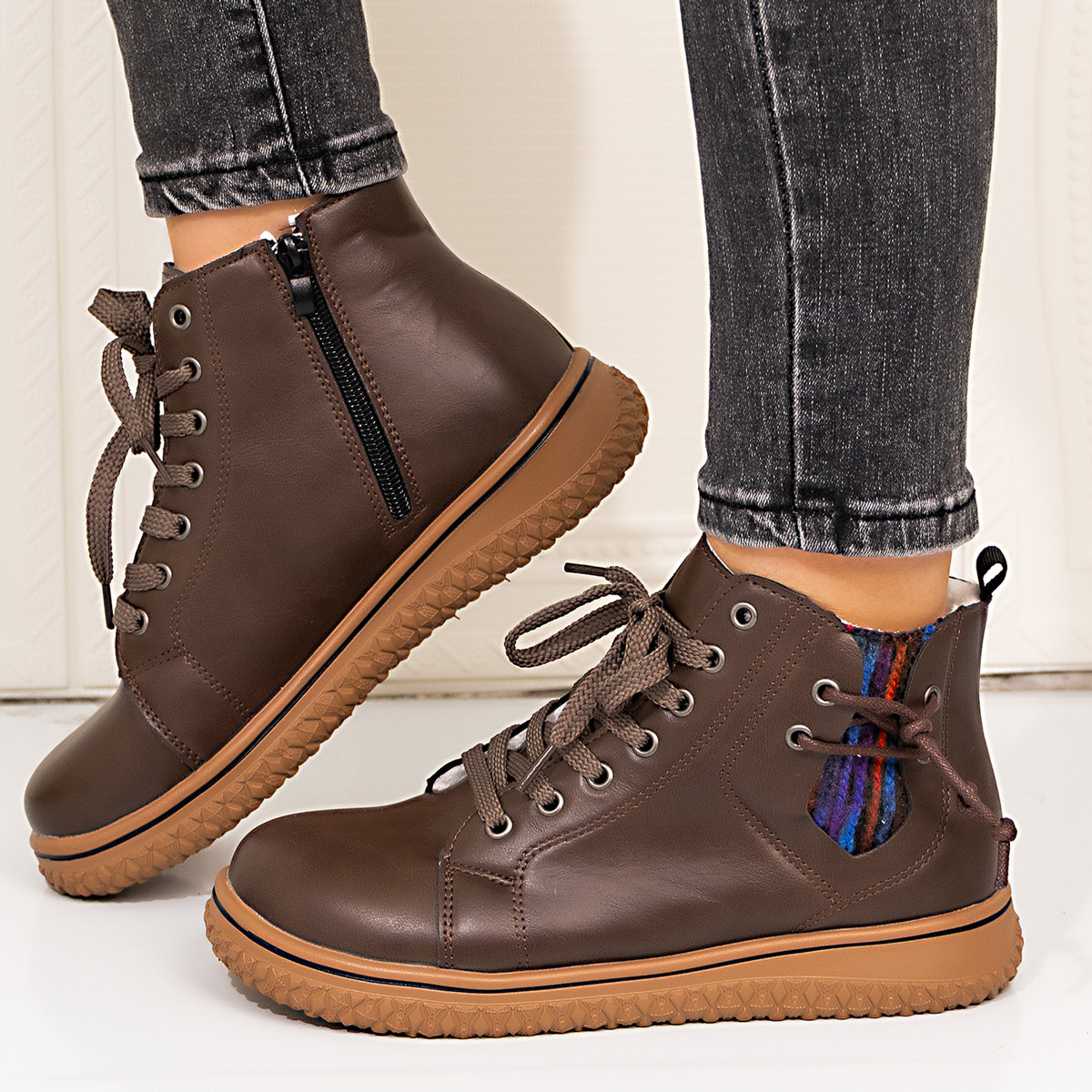 PU Casual Shoes With Front Laces, Winter Cotton Boots - Image 13