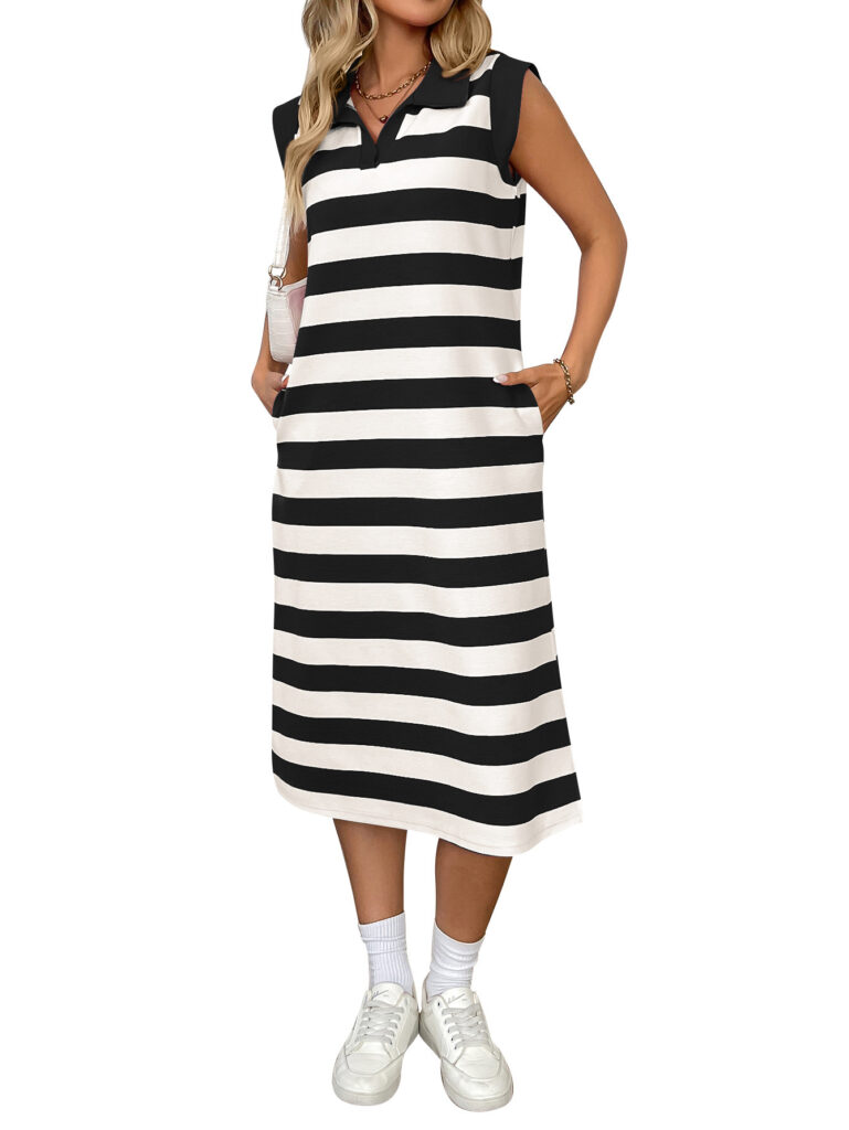Striped Pocketed Lapel Sleeveless Maxi Dress