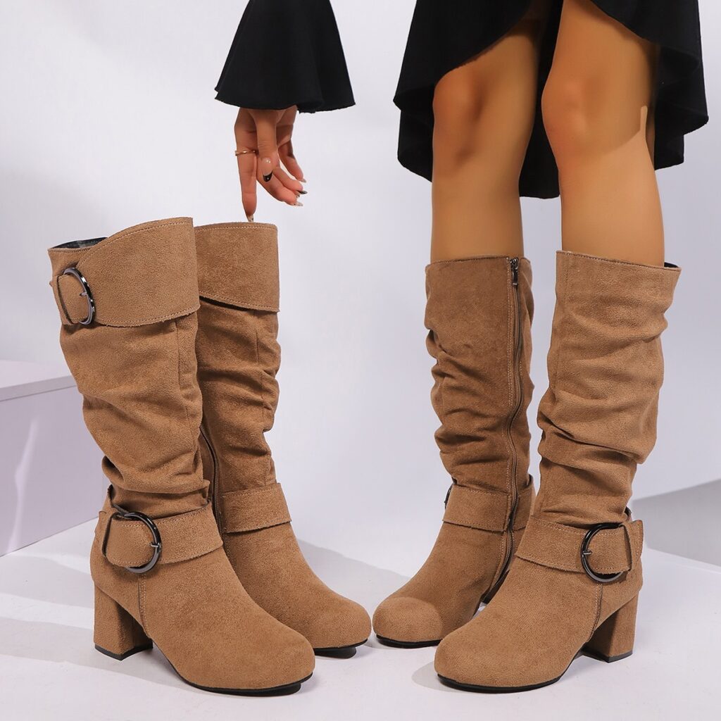 Suede High-heeled Chunky-heel Womens Boots With A Belt Buckle For Export
