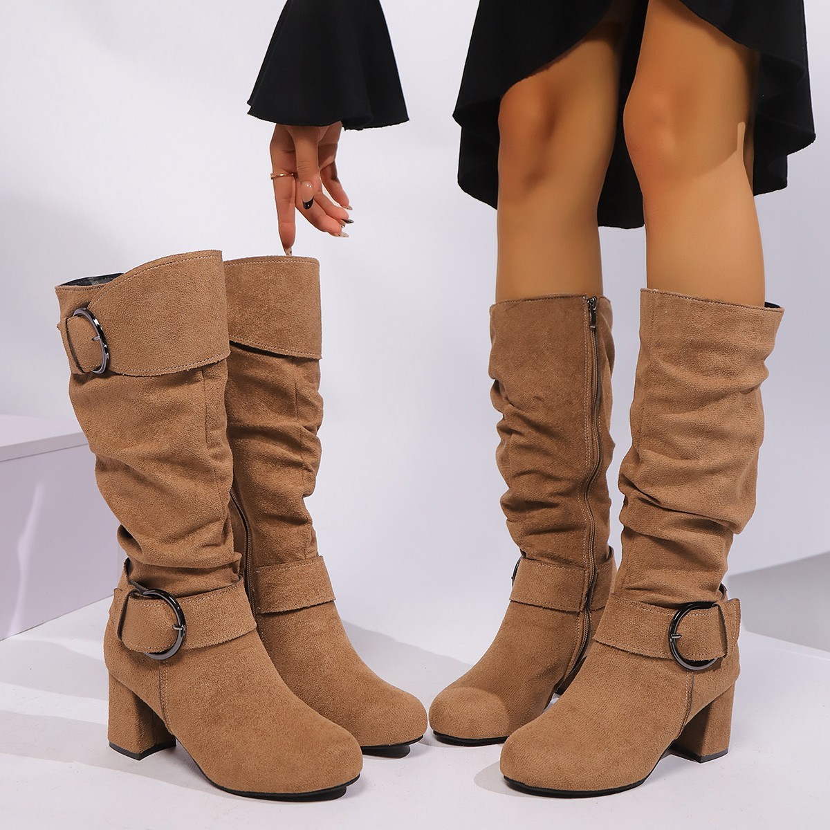 Suede High-heeled Chunky-heel Womens Boots With A Belt Buckle For Export - Image 6