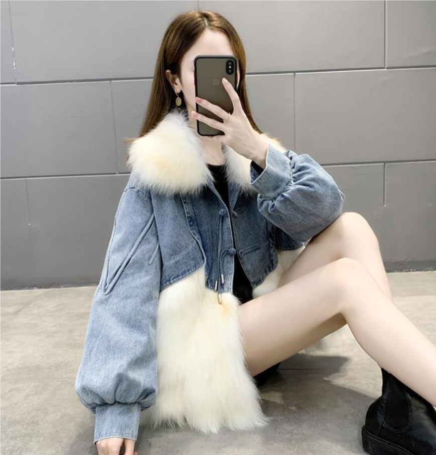 Denim Parka Womens Short Leather Faux Fox Fur Coat - Image 11
