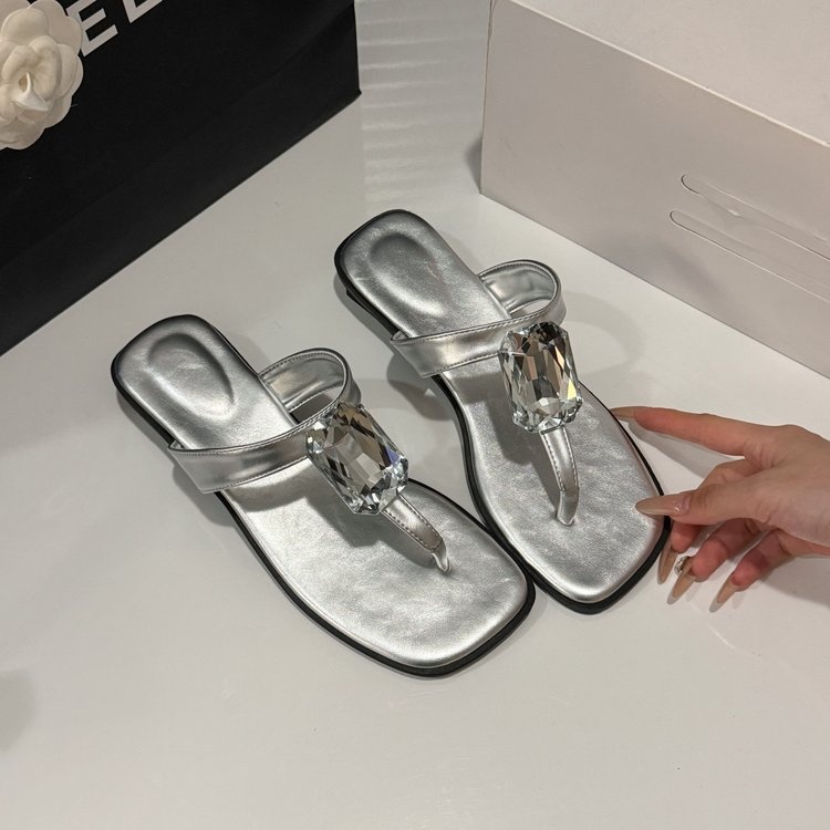 Oversized Crystal, Square Toe, Thong Sandals, French Glam, Low Block Heel, Slides