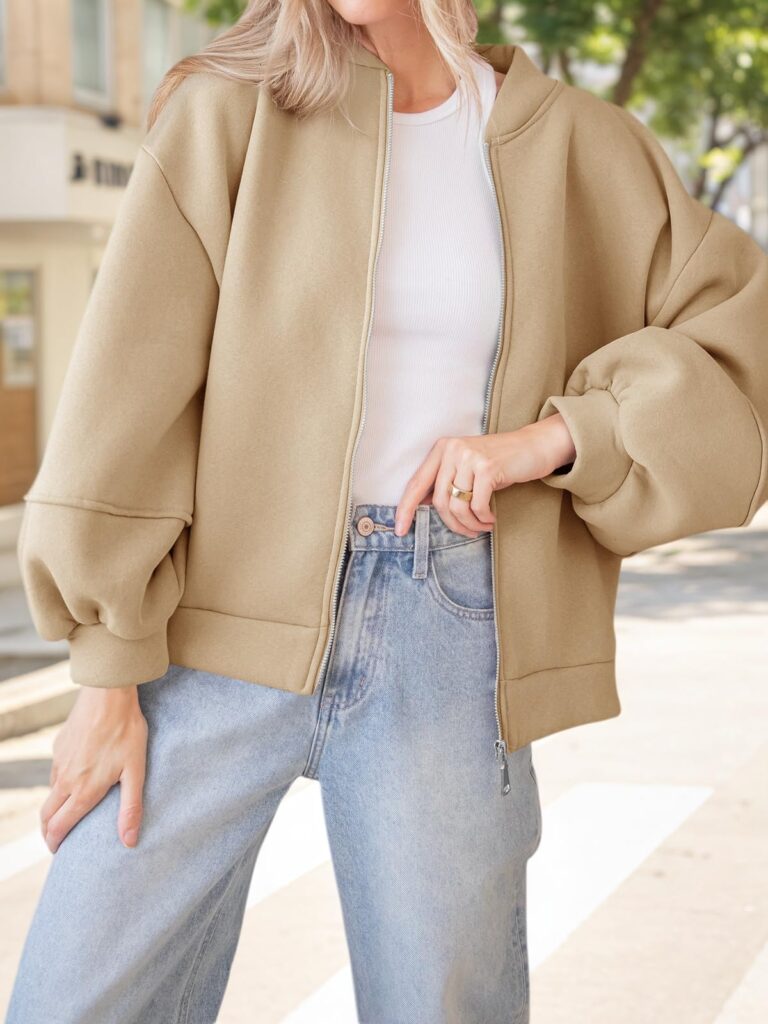 Fisoew Womens Zip Up Sweatshirt Casual Bomber Jacket Lantern Sleeve Oversized Jacket Fall Outfits 2025