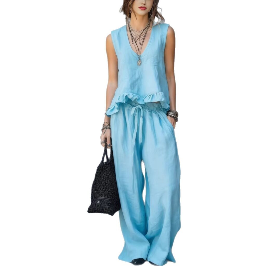 V-neck Sleeveless Ruffled Hem Dark Gray Casual Set