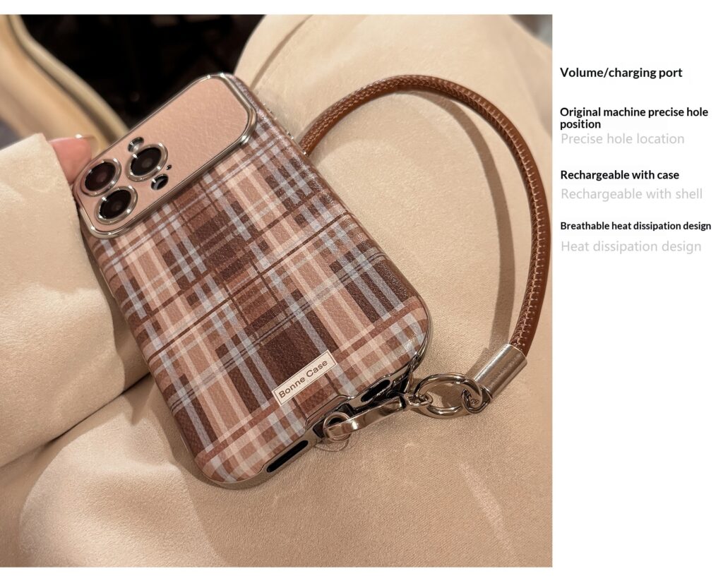 Brown Plaid Phone Case With A Drop-proof Lanyard