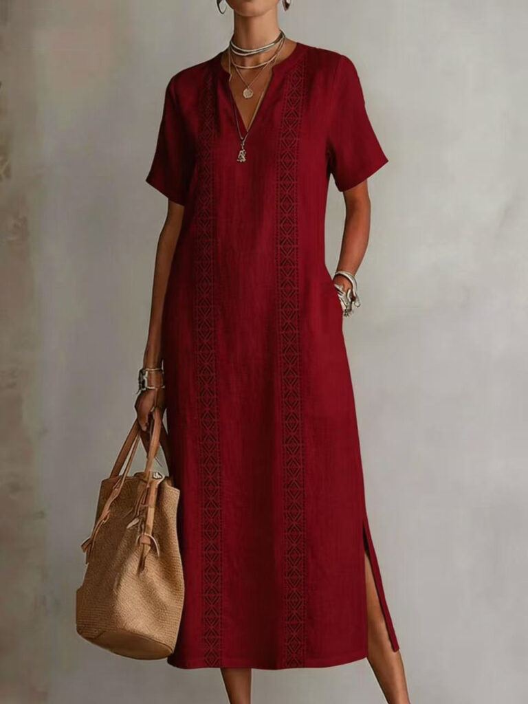 Women's Retro Hollow-Out Lace V-Neck Cotton-Linen Dress