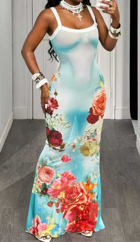 Resort-style Floral Print Sundress, Fitted Fishtail Dress For Women - Image 2