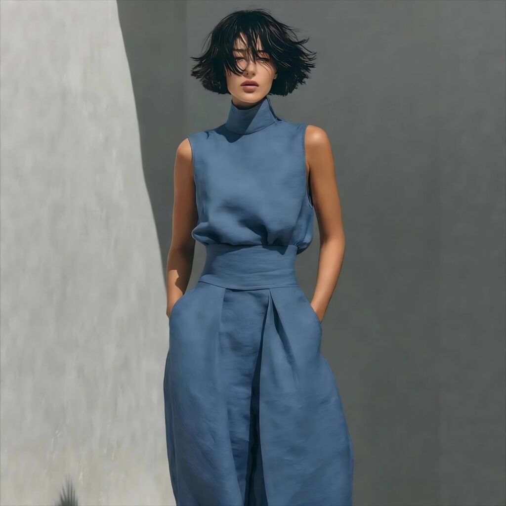 Womens Simple Cotton-Linen Blend Sleeveless Top And Wide-Leg Pants