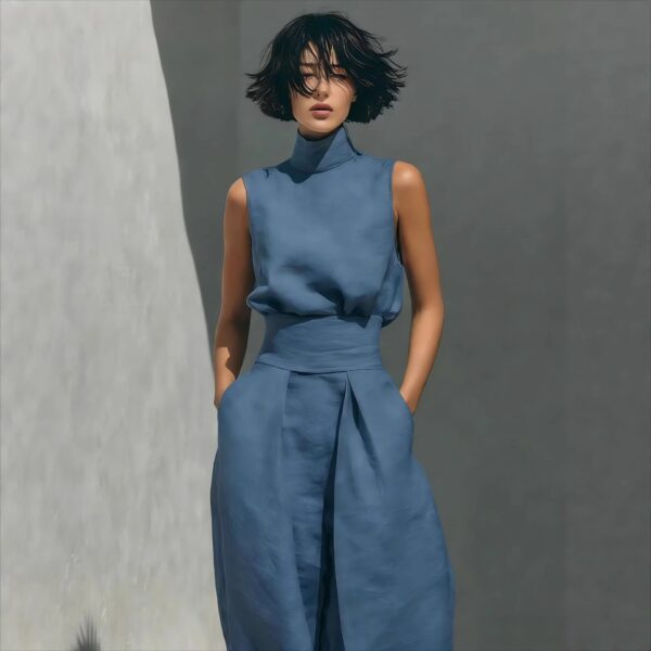 Womens Simple Cotton-Linen Blend Sleeveless Top And Wide-Leg Pants - Image 4