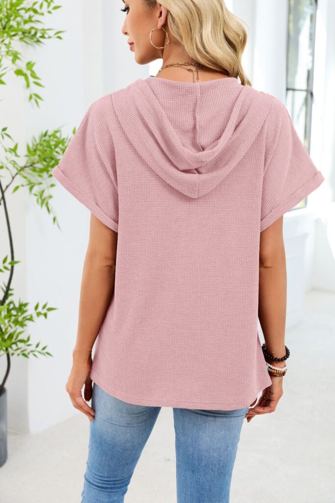 Womens Waffle-Weave Hooded Drawstring Short-Sleeve Top With Buttons
