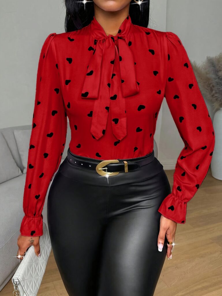 Printed Collared Ruffle-Trimmed Long-Sleeve Womens Shirt