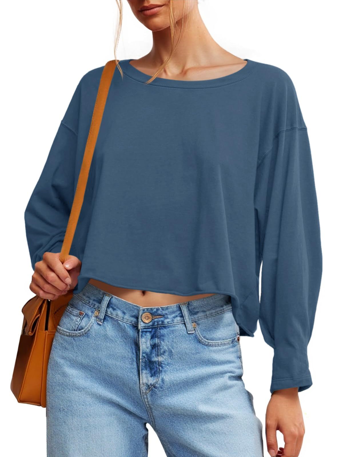 Fisoew Womens Long Sleeve Crop Tops Loose Fit Crew Neck Cropped T Shirts 2025 Casual Workout Tee Shirt Tops - Image 1