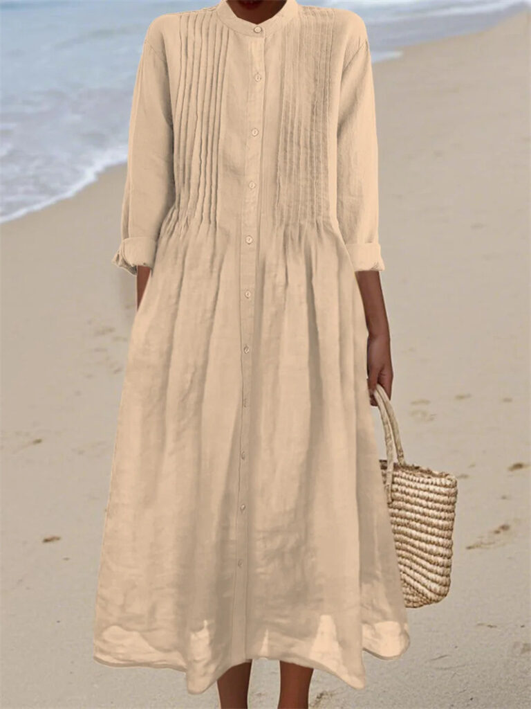 Long-sleeve Cotton-linen Womens Dress With A Shirt Collar