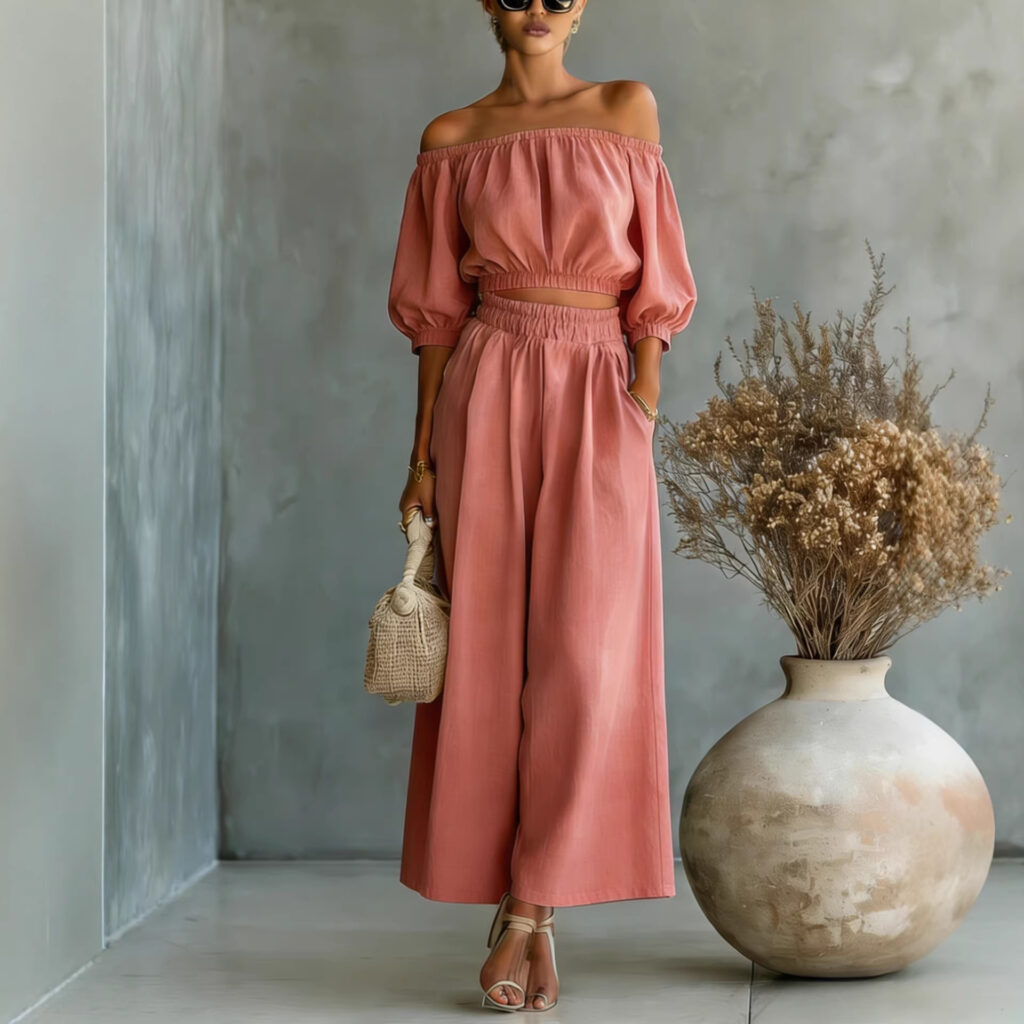 Casual Solid-color Cotton And Linen Top With High-waisted Wide-leg Pants