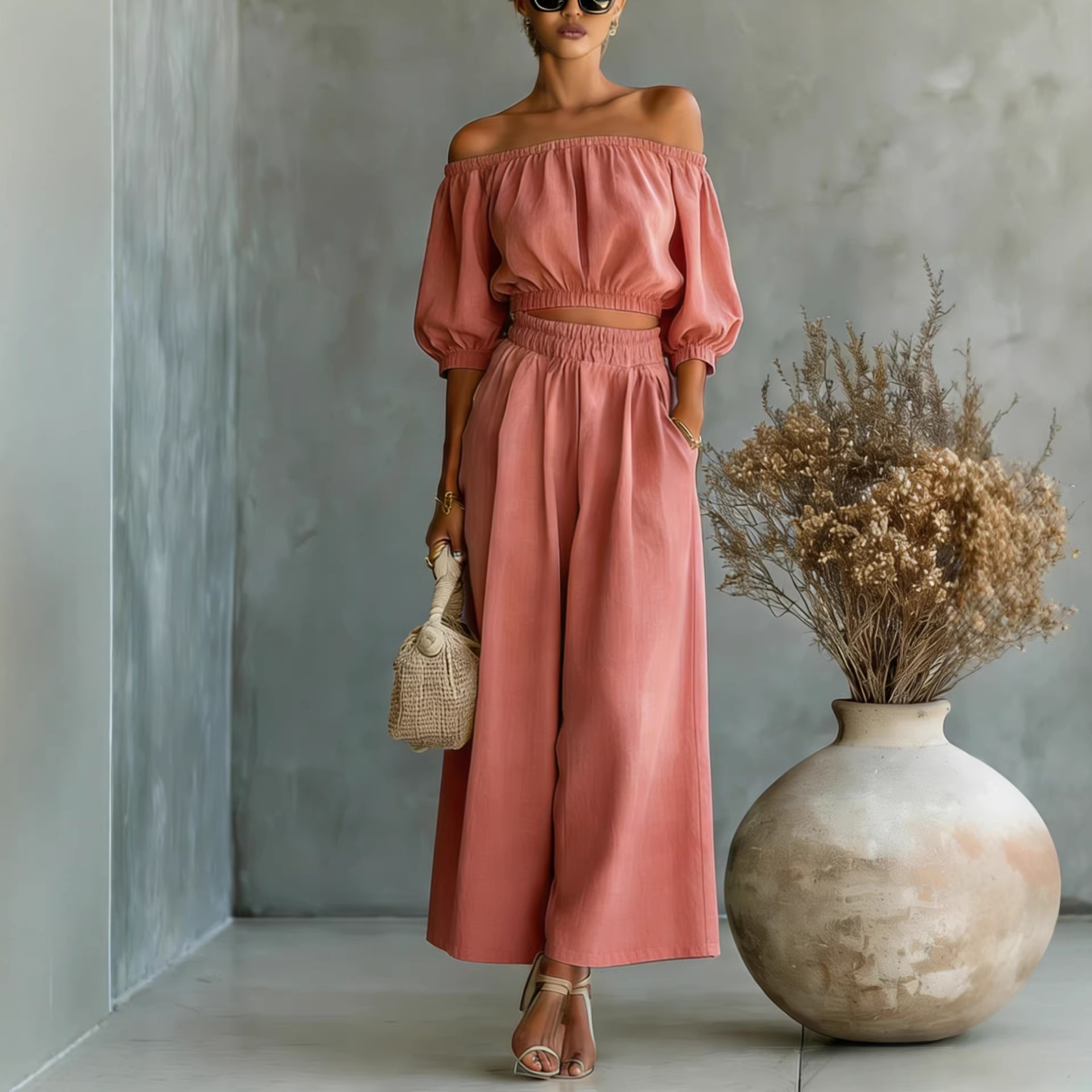 Casual Solid-color Cotton And Linen Top With High-waisted Wide-leg Pants - Image 3