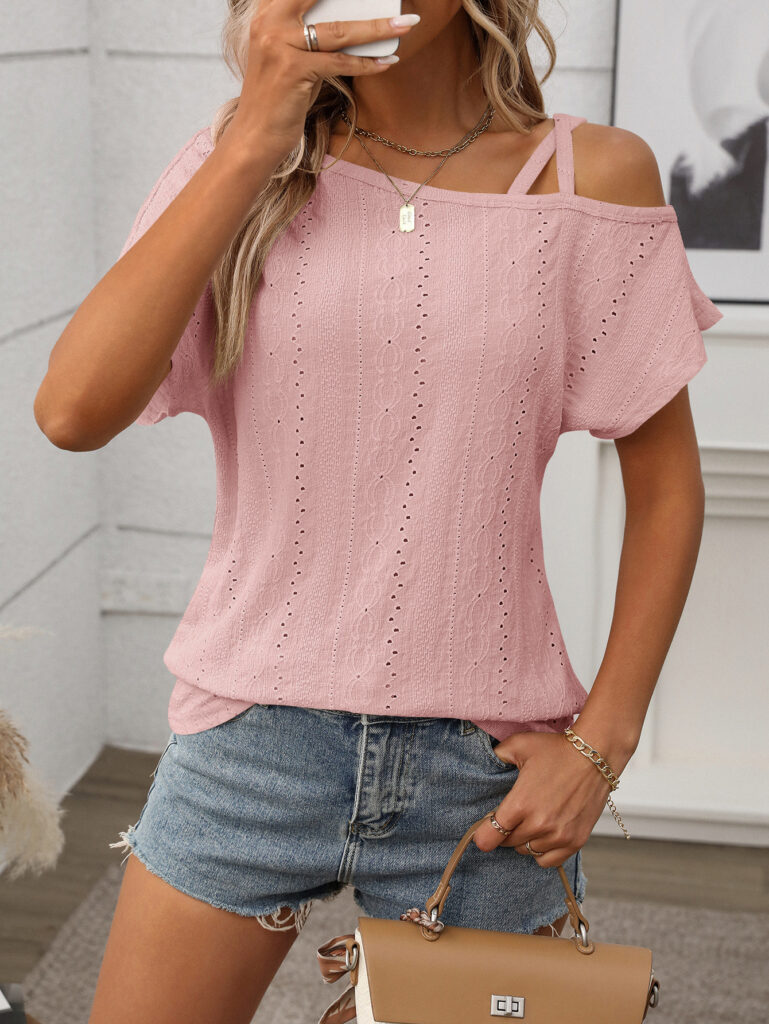 One-shoulder Short-sleeve T-shirt Hollow-out Top For Women