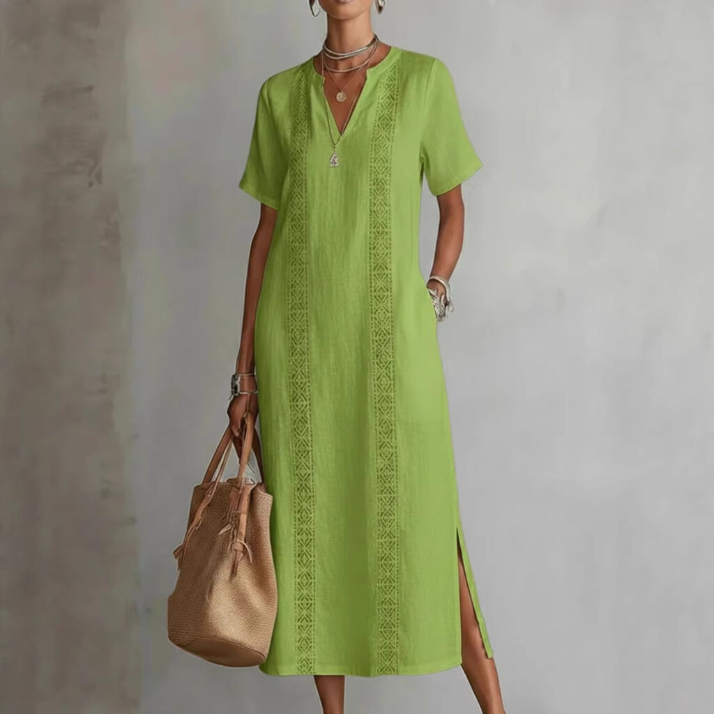 Women's Retro Hollow-Out Lace V-Neck Cotton-Linen Dress