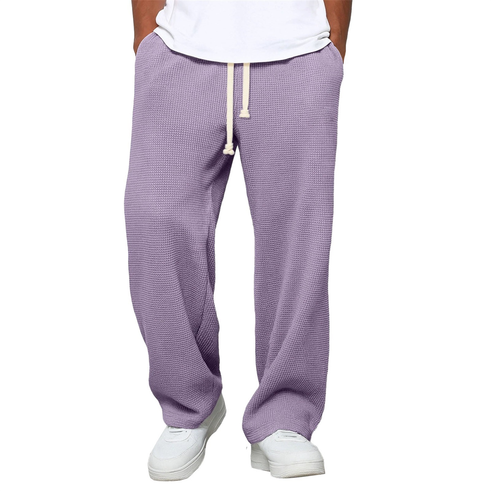Mens Relaxed-fit Waffle-knit Wide-leg Athleisure Pants - Image 14