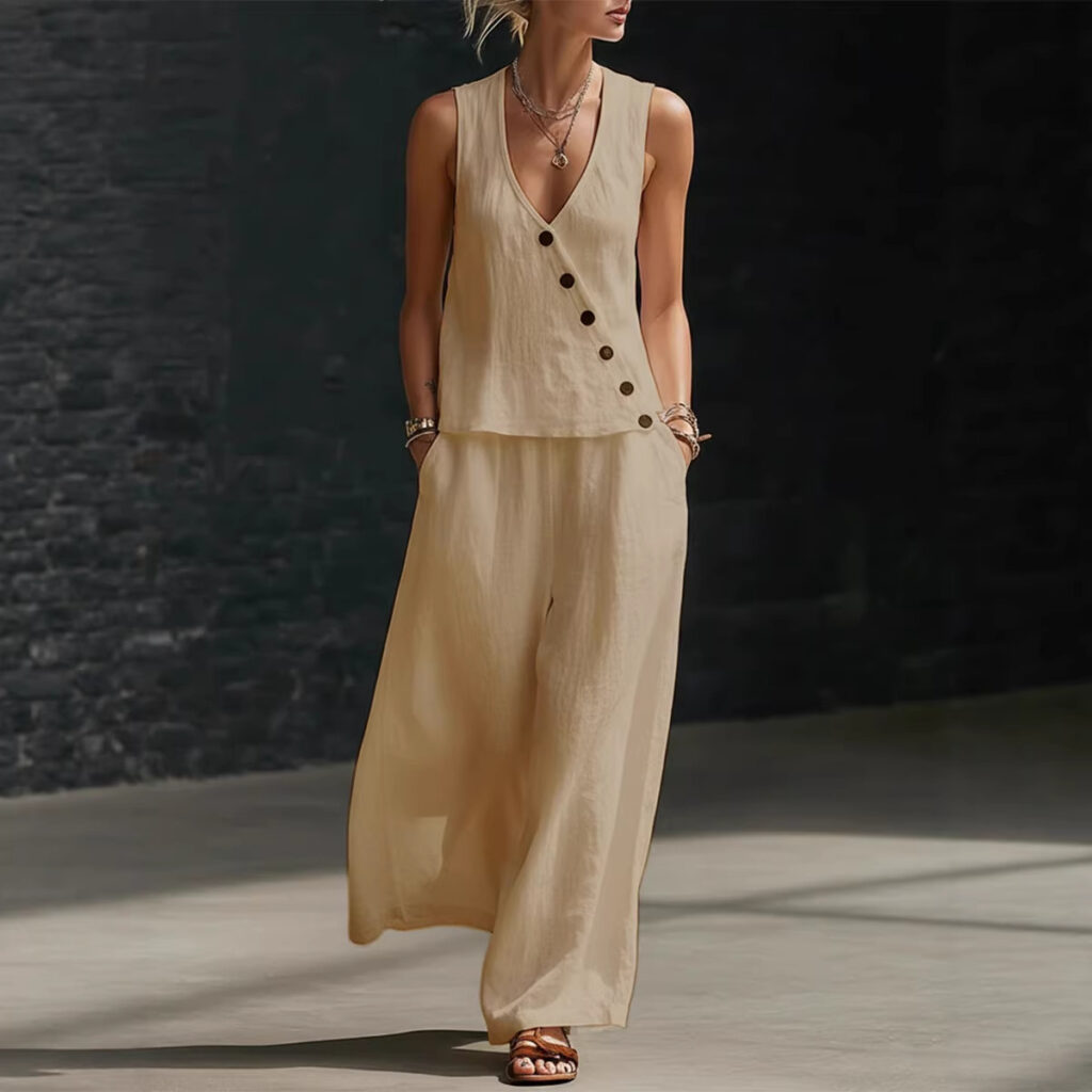 Sleeveless V-neck Button-up Top And Solid-color Pants Casual Set