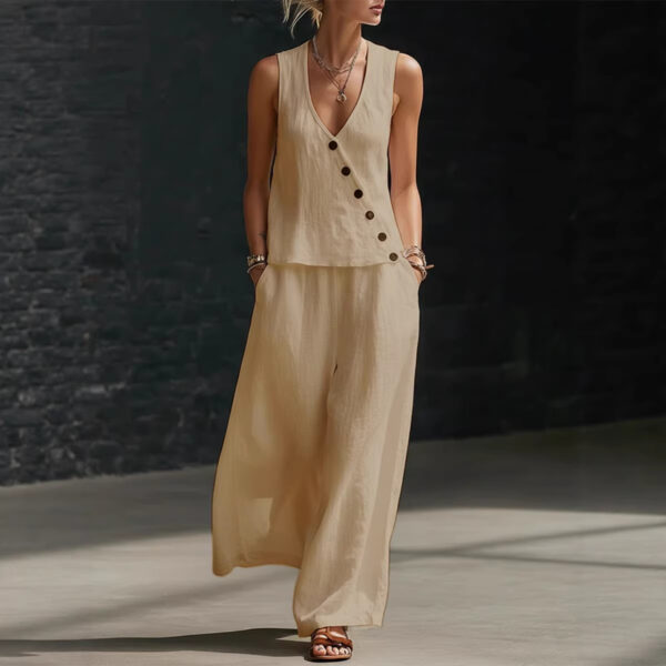 Sleeveless V-neck Button-up Top And Solid-color Pants Casual Set - Image 6