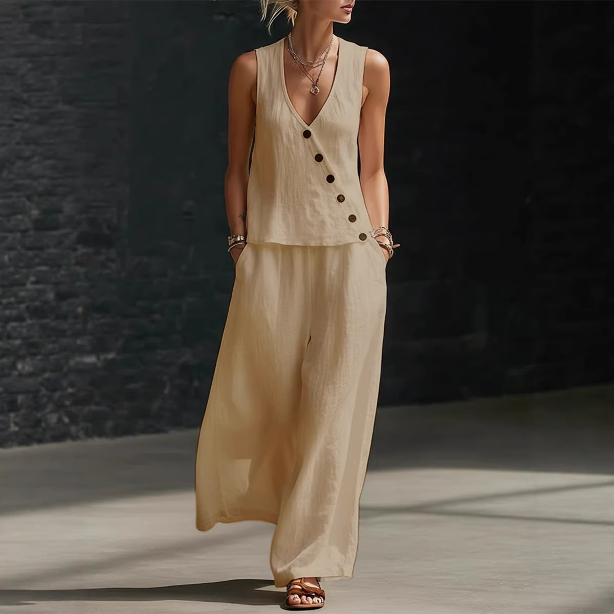 Sleeveless V-neck Button-up Top And Solid-color Pants Casual Set - Image 6
