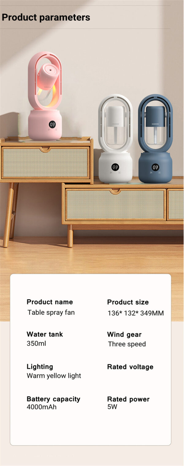 Summer Water Cooled Spray Mist Electric Fan USB Rechargeable Portable Wireless Air Humidifier Bladeless Ventilator Table Fan - Image 11