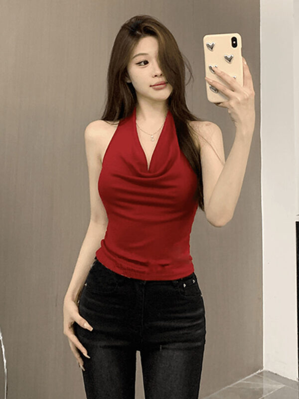 Red Backless Slash-Neck Sleeveless Tank Top Women's Summer - Image 16