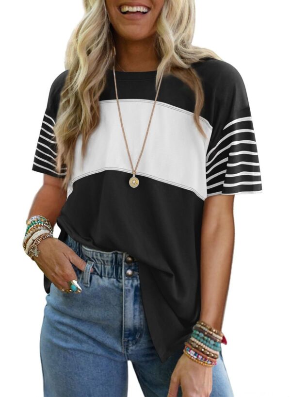 Women's New Style Crew Neck Pullover Casual Striped Color-Block Short-Sleeved T-Shirt - Image 8