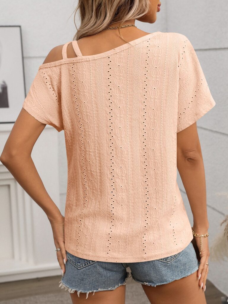 One-shoulder Short-sleeve T-shirt Hollow-out Top For Women