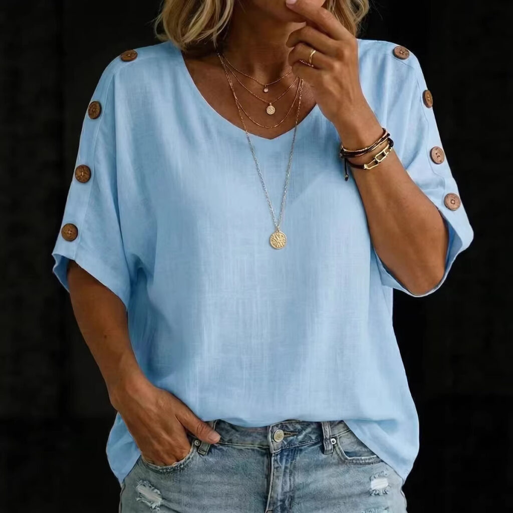 Casual Fashion Buttoned Crew-Neck Pullover Womens T-Shirt