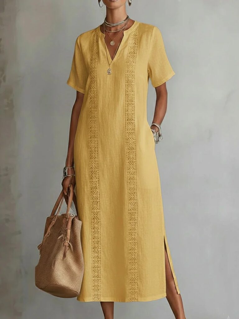 Women's Retro Hollow-Out Lace V-Neck Cotton-Linen Dress