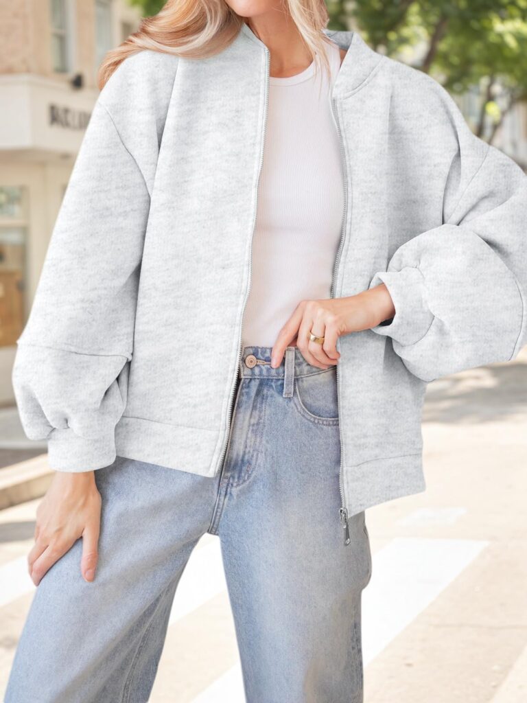 Fisoew Womens Zip Up Sweatshirt Casual Bomber Jacket Lantern Sleeve Oversized Jacket Fall Outfits 2025