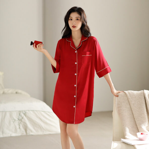 Women's Satin Ice Silk Mid-sleeve Shirt Dress - Image 6