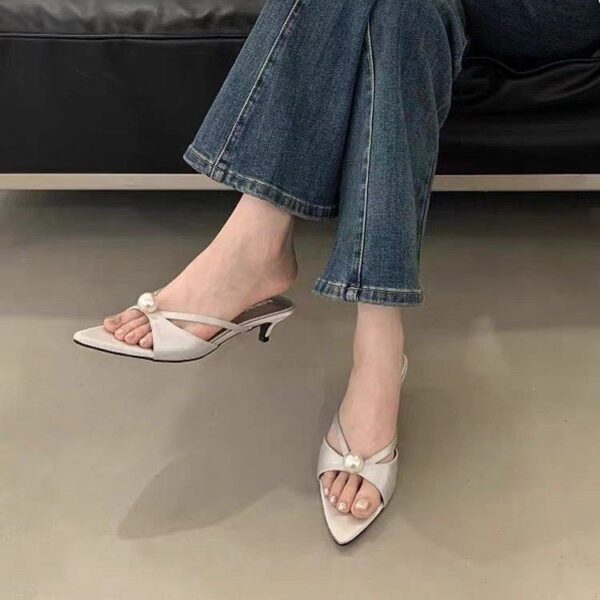 Women's French Style Pearl Embellished Pointed Toe High Heel Mules, Thin Heel Slip-On Slides, New Spring & Summer 2025 Collection, Elegant Daily Wear - Image 6