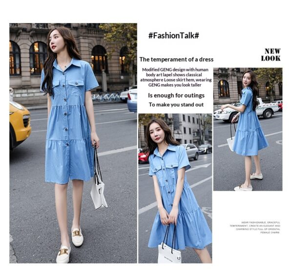 Single-breasted Pocketed Short-sleeve Denim Dress - Image 17