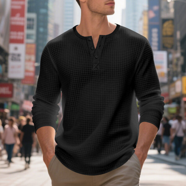 Men's Jacquard Small Plaid Button-Down Henry Long Sleeve - Image 14