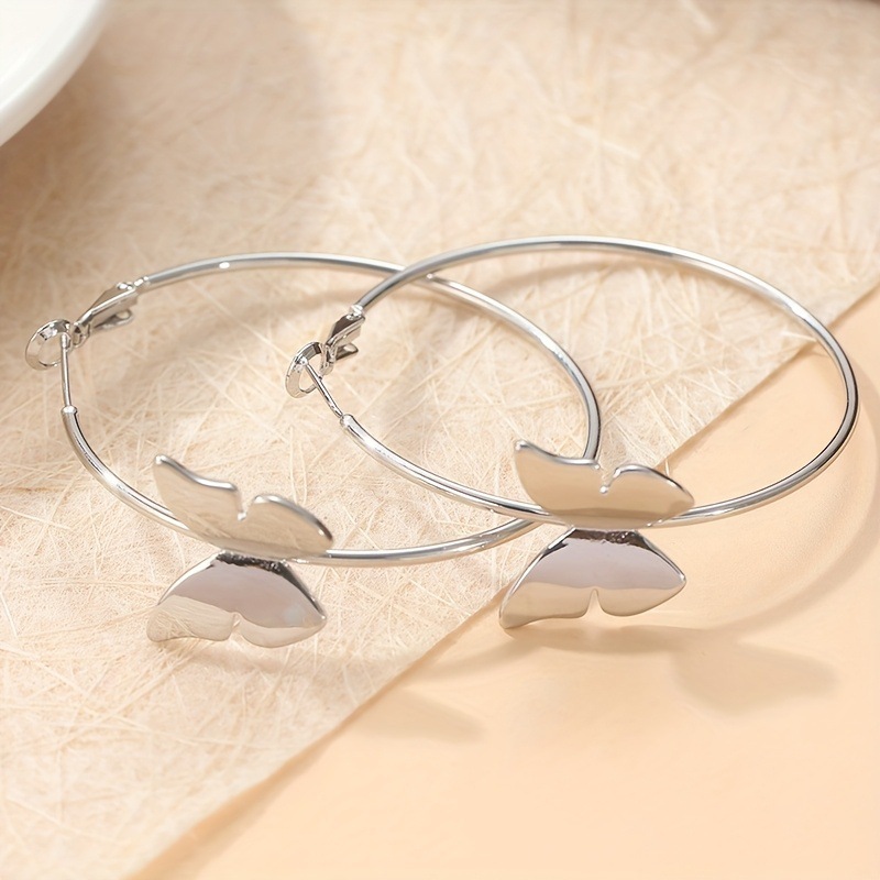 Fashionable Large Hoop Earrings With Butterfly Design Silver Color For Women - Image 3