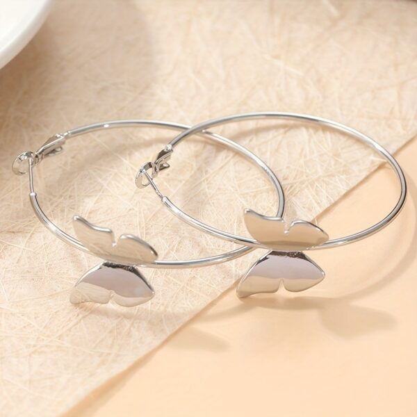Fashionable Large Hoop Earrings With Butterfly Design Silver Color For Women - Image 2