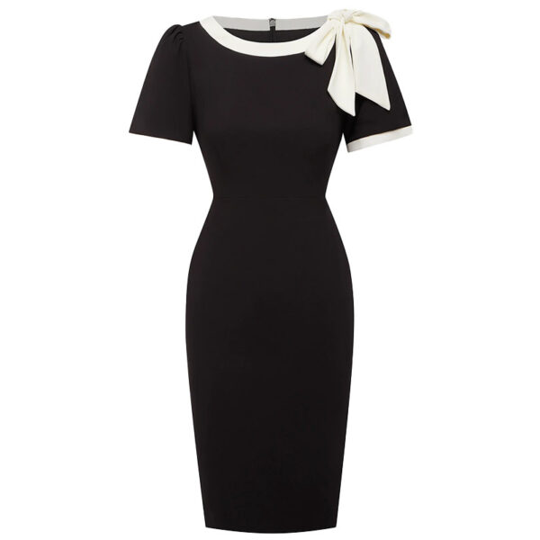 Women Crew Neck Short Sleeve Bow Color-Block Slim Fit Dress