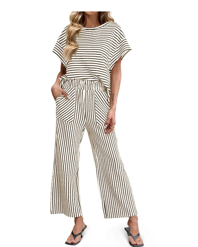 Womens Striped Short-Sleeve T-Shirt And Wide-Leg Pants Set With Pockets - Image 13